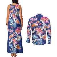 Hawaiian and Japanese Culture Together Couples Matching Tank Maxi Dress and Long Sleeve Button Shirt Hawaiian Archipelago Shape Sea Animals LT03 - Polynesian Pride