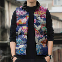 Hawaiian and Japanese Culture Together Sleeveless Puffer Jacket Hawaiian Archipelago Shape Sea Animals