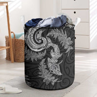New Zealand Sea Animals with Maori Tribal Tattoo Laundry Basket Shark Manta Ray with Silver Fern Black LT03 Black - Polynesian Pride