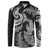 New Zealand Sea Animals with Maori Tribal Tattoo Button Sweatshirt Shark Manta Ray with Silver Fern Black LT03 Black - Polynesian Pride