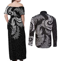 New Zealand Sea Animals with Maori Tribal Tattoo Couples Matching Off Shoulder Maxi Dress and Long Sleeve Button Shirt Shark Manta Ray with Silver Fern Black LT03 - Polynesian Pride