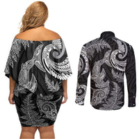 New Zealand Sea Animals with Maori Tribal Tattoo Couples Matching Off Shoulder Short Dress and Long Sleeve Button Shirt Shark Manta Ray with Silver Fern Black LT03 - Polynesian Pride