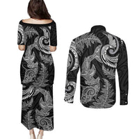 New Zealand Sea Animals with Maori Tribal Tattoo Couples Matching Puletasi and Long Sleeve Button Shirt Shark Manta Ray with Silver Fern Black LT03 - Polynesian Pride