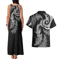 New Zealand Sea Animals with Maori Tribal Tattoo Couples Matching Tank Maxi Dress and Hawaiian Shirt Shark Manta Ray with Silver Fern Black LT03 - Polynesian Pride