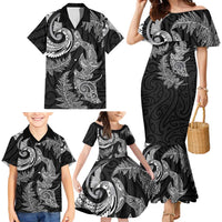 New Zealand Sea Animals with Maori Tribal Tattoo Family Matching Mermaid Dress and Hawaiian Shirt Shark Manta Ray with Silver Fern Black LT03 - Polynesian Pride