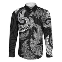 New Zealand Sea Animals with Maori Tribal Tattoo Family Matching Off The Shoulder Long Sleeve Dress and Hawaiian Shirt Shark Manta Ray with Silver Fern Black LT03 Dad's Shirt - Long Sleeve Black - Polynesian Pride