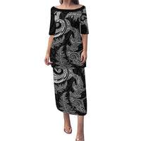 New Zealand Sea Animals with Maori Tribal Tattoo Family Matching Puletasi and Hawaiian Shirt Shark Manta Ray with Silver Fern Black LT03 Mom's Dress Black - Polynesian Pride