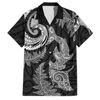 New Zealand Sea Animals with Maori Tribal Tattoo Family Matching Short Sleeve Bodycon Dress and Hawaiian Shirt Shark Manta Ray with Silver Fern Black LT03 Dad's Shirt - Short Sleeve Black - Polynesian Pride