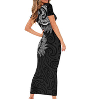 New Zealand Sea Animals with Maori Tribal Tattoo Family Matching Short Sleeve Bodycon Dress and Hawaiian Shirt Shark Manta Ray with Silver Fern Black LT03 - Polynesian Pride