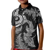 New Zealand Sea Animals with Maori Tribal Tattoo Kid Polo Shirt Shark Manta Ray with Silver Fern Black LT03 Kid Black - Polynesian Pride