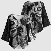 New Zealand Sea Animals with Maori Tribal Tattoo Kimono Sleeve Blouse Shark Manta Ray with Silver Fern Black LT03 - Polynesian Pride