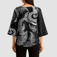 New Zealand Sea Animals with Maori Tribal Tattoo Kimono Sleeve Blouse Shark Manta Ray with Silver Fern Black LT03 - Polynesian Pride