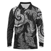 New Zealand Sea Animals with Maori Tribal Tattoo Long Sleeve Polo Shirt Shark Manta Ray with Silver Fern Black LT03 Black - Polynesian Pride