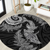 New Zealand Sea Animals with Maori Tribal Tattoo Round Carpet Shark Manta Ray with Silver Fern Black LT03 Black - Polynesian Pride