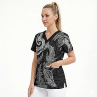 New Zealand Sea Animals with Maori Tribal Tattoo Scrub Top Shark Manta Ray with Silver Fern Black LT03 - Polynesian Pride