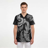 New Zealand Sea Animals with Maori Tribal Tattoo Scrub Top Shark Manta Ray with Silver Fern Black LT03 - Polynesian Pride