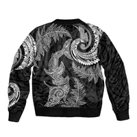 New Zealand Sea Animals with Maori Tribal Tattoo Sleeve Zip Bomber Jacket Shark Manta Ray with Silver Fern Black LT03 - Polynesian Pride