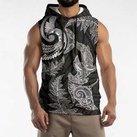 New Zealand Sea Animals with Maori Tribal Tattoo Sleeveless Hoodie Shark Manta Ray with Silver Fern Black LT03 - Polynesian Pride