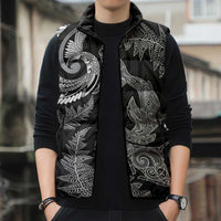 New Zealand Sea Animals with Maori Tribal Tattoo Sleeveless Puffer Jacket Shark Manta Ray with Silver Fern Black LT03 - Polynesian Pride