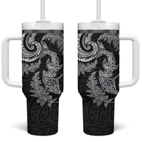 New Zealand Sea Animals with Maori Tribal Tattoo Tumbler With Handle Shark Manta Ray with Silver Fern Black LT03 One Size: 40 oz Black - Polynesian Pride