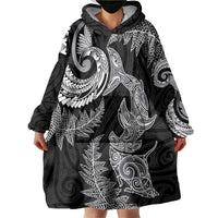 New Zealand Sea Animals with Maori Tribal Tattoo Wearable Blanket Hoodie Shark Manta Ray with Silver Fern Black LT03 - Polynesian Pride