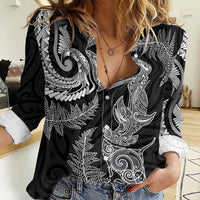 New Zealand Sea Animals with Maori Tribal Tattoo Women Casual Shirt Shark Manta Ray with Silver Fern Black LT03 Female Black - Polynesian Pride