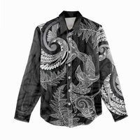 New Zealand Sea Animals with Maori Tribal Tattoo Women Casual Shirt Shark Manta Ray with Silver Fern Black LT03 - Polynesian Pride