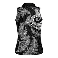 New Zealand Sea Animals with Maori Tribal Tattoo Women Sleeveless Polo Shirt Shark Manta Ray with Silver Fern Black LT03 - Polynesian Pride