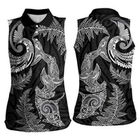 New Zealand Sea Animals with Maori Tribal Tattoo Women Sleeveless Polo Shirt Shark Manta Ray with Silver Fern Black LT03 - Polynesian Pride