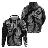New Zealand Sea Animals with Maori Tribal Tattoo Zip Hoodie Shark Manta Ray with Silver Fern Black LT03 - Polynesian Pride