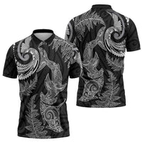 New Zealand Sea Animals with Maori Tribal Tattoo Zipper Polo Shirt Shark Manta Ray with Silver Fern Black LT03 - Polynesian Pride