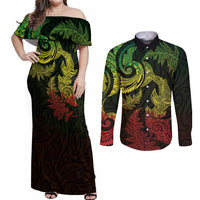 New Zealand Sea Animals with Maori Tribal Tattoo Couples Matching Off Shoulder Maxi Dress and Long Sleeve Button Shirt Shark Manta Ray with Silver Fern Reggae LT03 Reggae - Polynesian Pride