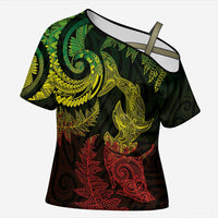 New Zealand Sea Animals with Maori Tribal Tattoo Cross Shoulder Shirt Shark Manta Ray with Silver Fern Reggae LT03 Female Reggae - Polynesian Pride