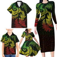 New Zealand Sea Animals with Maori Tribal Tattoo Family Matching Long Sleeve Bodycon Dress and Hawaiian Shirt Shark Manta Ray with Silver Fern Reggae LT03 - Polynesian Pride