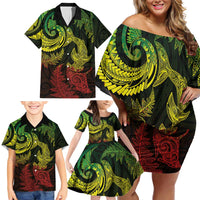 New Zealand Sea Animals with Maori Tribal Tattoo Family Matching Off Shoulder Short Dress and Hawaiian Shirt Shark Manta Ray with Silver Fern Reggae LT03 - Polynesian Pride