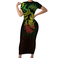 New Zealand Sea Animals with Maori Tribal Tattoo Family Matching Short Sleeve Bodycon Dress and Hawaiian Shirt Shark Manta Ray with Silver Fern Reggae LT03 Mom's Dress Reggae - Polynesian Pride