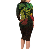 New Zealand Sea Animals with Maori Tribal Tattoo Long Sleeve Bodycon Dress Shark Manta Ray with Silver Fern Reggae LT03 - Polynesian Pride
