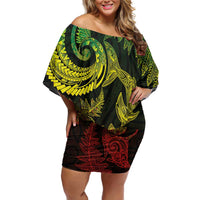 New Zealand Sea Animals with Maori Tribal Tattoo Off Shoulder Short Dress Shark Manta Ray with Silver Fern Reggae LT03 Women Reggae - Polynesian Pride