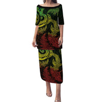 New Zealand Sea Animals with Maori Tribal Tattoo Puletasi Shark Manta Ray with Silver Fern Reggae LT03 Long Dress Reggae - Polynesian Pride