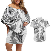 New Zealand Sea Animals with Maori Tribal Tattoo Couples Matching Off Shoulder Short Dress and Hawaiian Shirt Shark Manta Ray with Silver Fern White LT03 White - Polynesian Pride