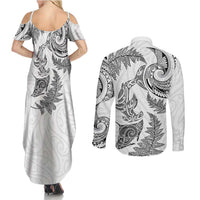 New Zealand Sea Animals with Maori Tribal Tattoo Couples Matching Summer Maxi Dress and Long Sleeve Button Shirt Shark Manta Ray with Silver Fern White LT03 - Polynesian Pride