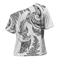 New Zealand Sea Animals with Maori Tribal Tattoo Cross Shoulder Shirt Shark Manta Ray with Silver Fern White LT03 - Polynesian Pride