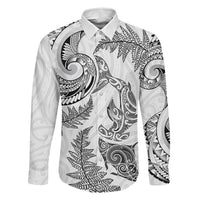 New Zealand Sea Animals with Maori Tribal Tattoo Family Matching Off The Shoulder Long Sleeve Dress and Hawaiian Shirt Shark Manta Ray with Silver Fern White LT03 Dad's Shirt - Long Sleeve White - Polynesian Pride