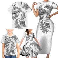 New Zealand Sea Animals with Maori Tribal Tattoo Family Matching Short Sleeve Bodycon Dress and Hawaiian Shirt Shark Manta Ray with Silver Fern White LT03 - Polynesian Pride