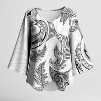 New Zealand Sea Animals with Maori Tribal Tattoo Kimono Sleeve Blouse Shark Manta Ray with Silver Fern White LT03 Female White - Polynesian Pride