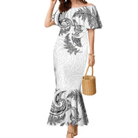 New Zealand Sea Animals with Maori Tribal Tattoo Mermaid Dress Shark Manta Ray with Silver Fern White LT03 Women White - Polynesian Pride