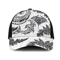 New Zealand Sea Animals with Maori Tribal Tattoo Mesh Trucker Cap Shark Manta Ray with Silver Fern White LT03 One Size Black White - Polynesian Pride