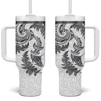 New Zealand Sea Animals with Maori Tribal Tattoo Tumbler With Handle Shark Manta Ray with Silver Fern White LT03 One Size: 40 oz White - Polynesian Pride