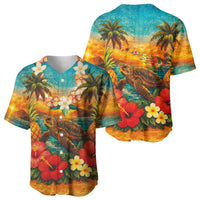 Hawaiian Turtles on Beach Baseball Jersey with Pineapple Tropical Plant and Lei