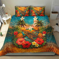 Hawaiian Turtles on Beach Bedding Set with Pineapple Tropical Plant and Lei